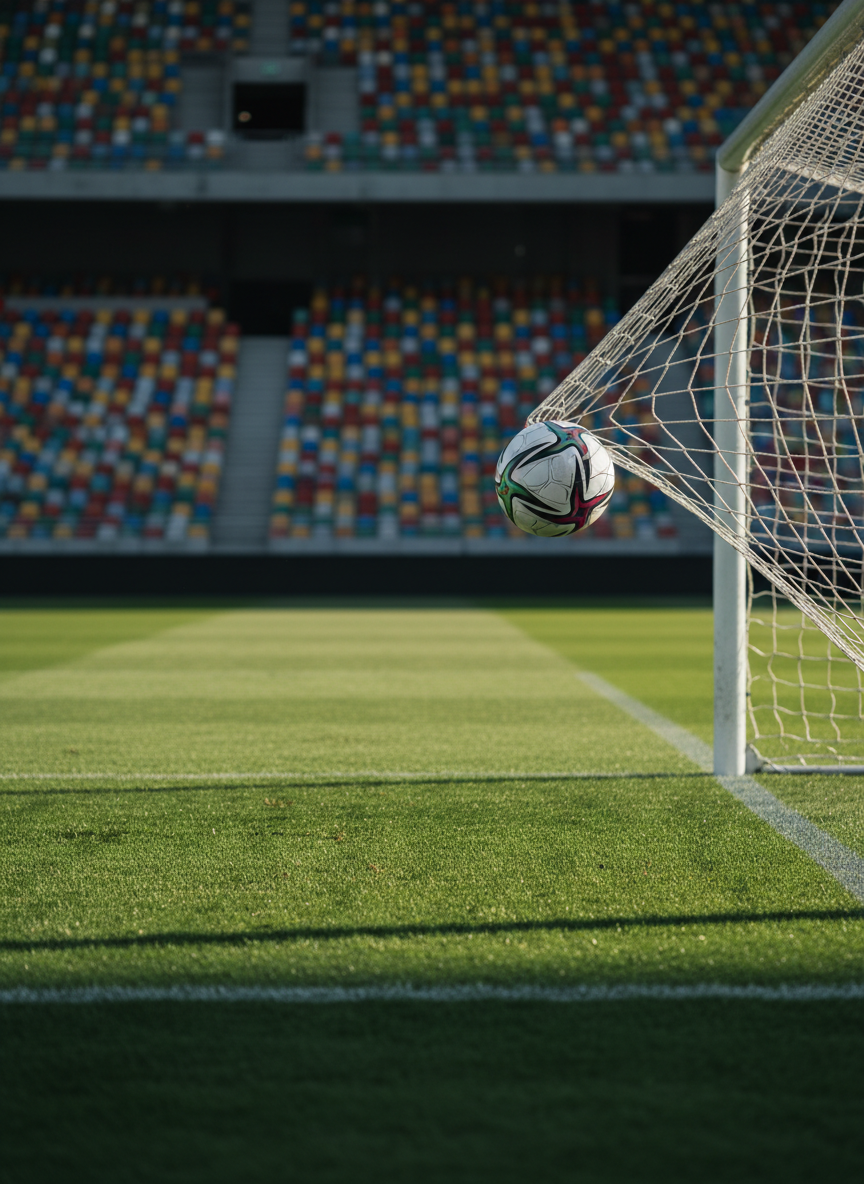 A pristine, match-quality soccer ball frozen in mid-flight as it curves toward the top corner of a goal, its textured white panels and bold black details sharply defined. The net behind it billows subtly, showing the impending impact. The scene is set in a modern, open-air stadium with a lush, perfectly mowed green pitch stretching into a softly blurred background of empty seats in varied colors. Late afternoon natural light casts a clear, cool tone, with crisp shadows on the grass. Captured from a low, slightly off-center angle near the goal line, in photographic realism, emphasizing motion, tension, and analytical focus on the game’s decisive moments.